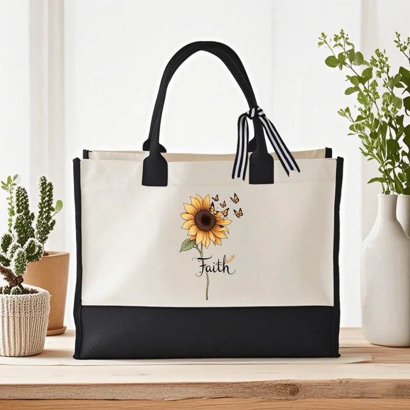 sac main toile fleurs tournesols papillons beige noir faith écologique réutilisable moderne élégant