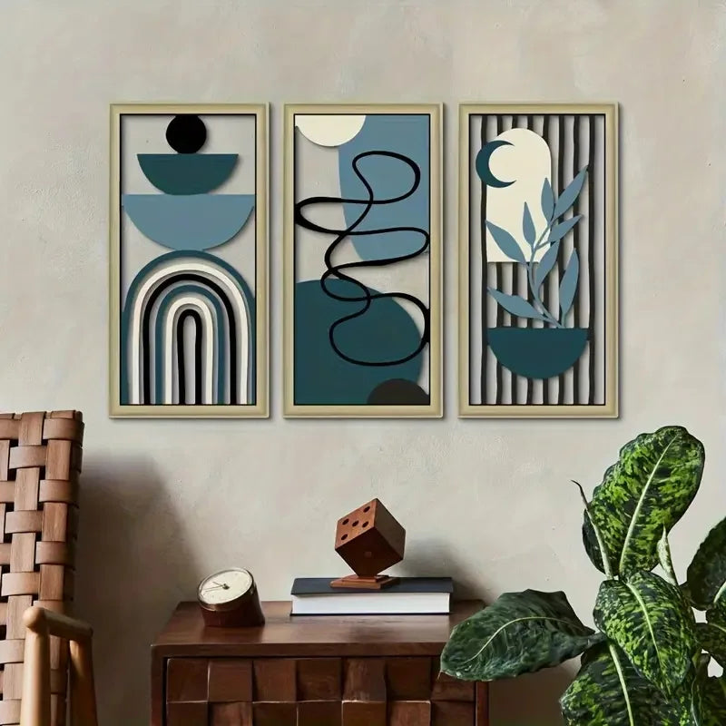 décoration murale moderne abstraite bois géométrique cercles arcs motifs végétaux montagnes minimalistes tableaux