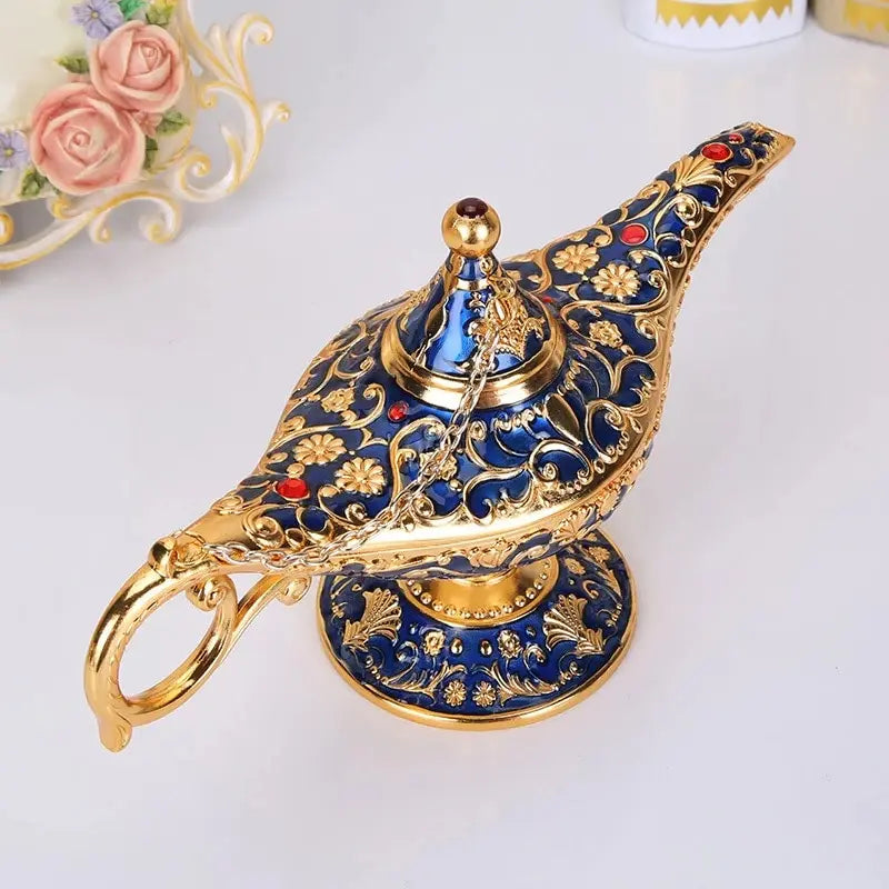 lampe huile décorative aladdin métal ornement floral bleu rouge violet vert orientaliste