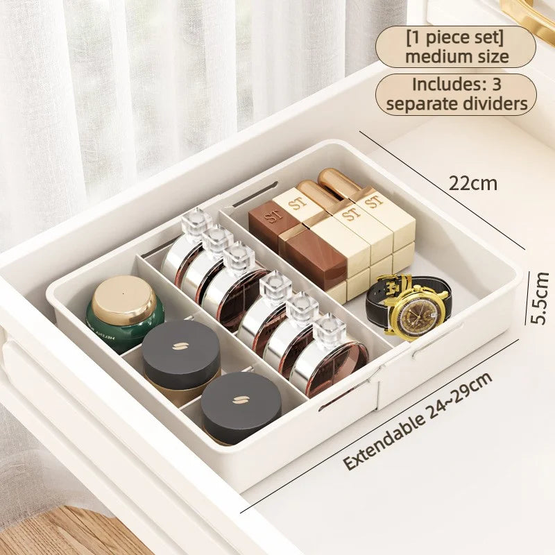 boîte rangement tiroir blanc compartiments divisibles extensible poignées dorées moderne utilisation multiple