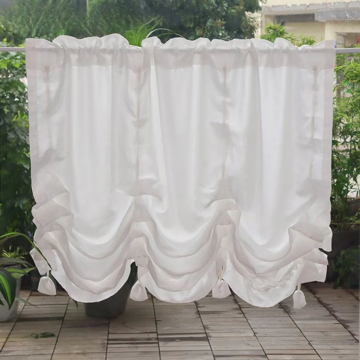 rideau blanc semi transparent classique franges ondulées 100x100cm 100x150cm 140x100cm 140x150cm