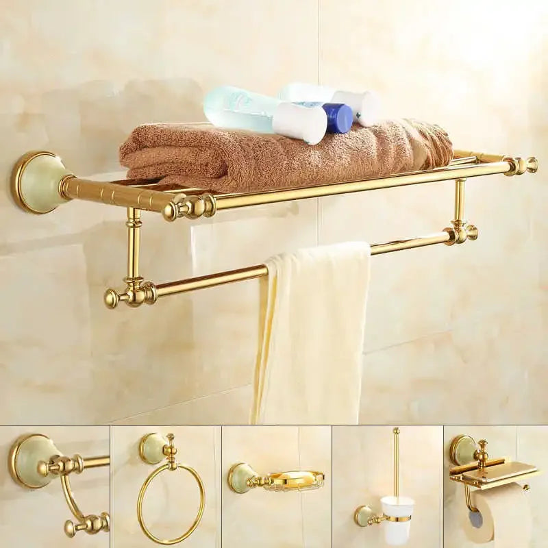 ensemble porte serviettes accessoires salle bain doré classique fixations vis porte serviettes double niveau