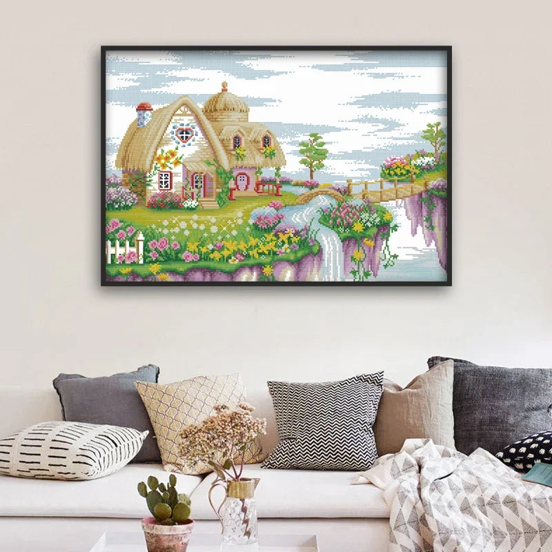 kit broderie paysage maison fleurs cascade moderne multicolore fil aiguille plan imprimée toile coton
