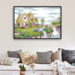 kit broderie paysage maison fleurs cascade moderne multicolore fil aiguille plan imprimée toile coton