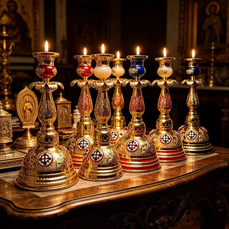 bougeoirs dorés ornements floraux bougies allumées baroque couleur rouge bleu blanc artisanal