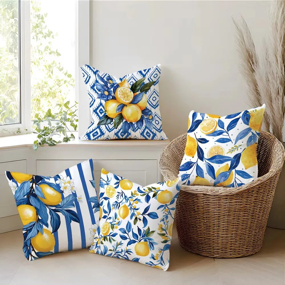 taies d'oreiller coton bleu citron modernes motif feuilles respectueux environnement pièces