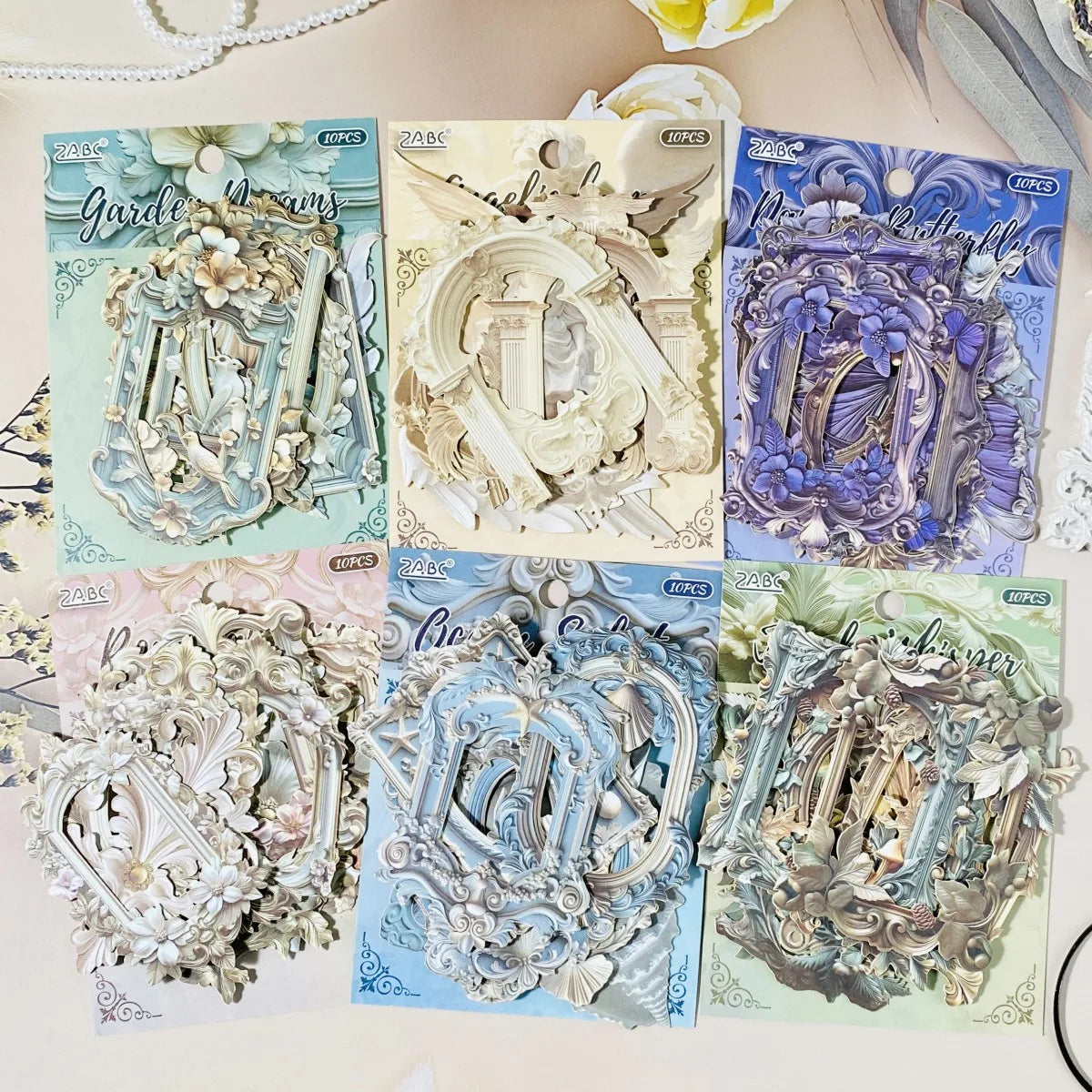 cadres décoratifs adhésifs blanc bleu violet doré ornements baroques papillons fleurs champignons