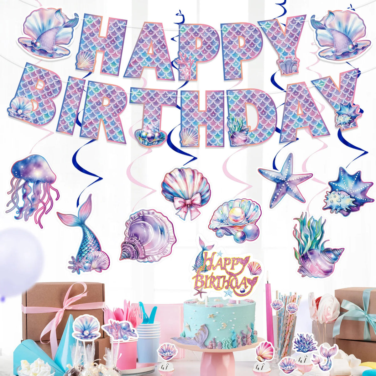 décoration fête anniversaire sirènes coquillages méduses étoiles mer bannières adhésives thème sous marin