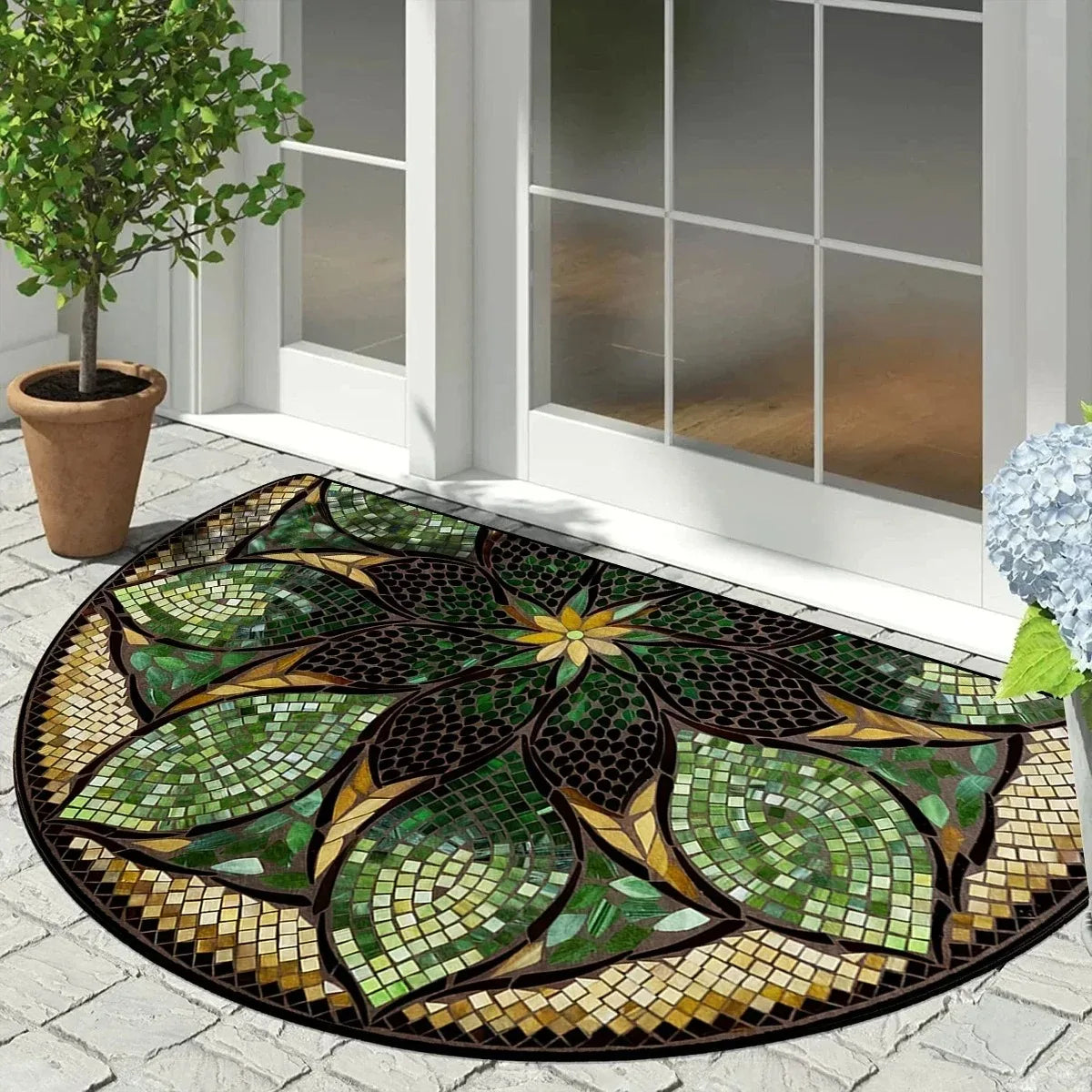 tapis d'entrée moderne vert feuilles antidérapant polyester extérieur salon 40cm 60cm