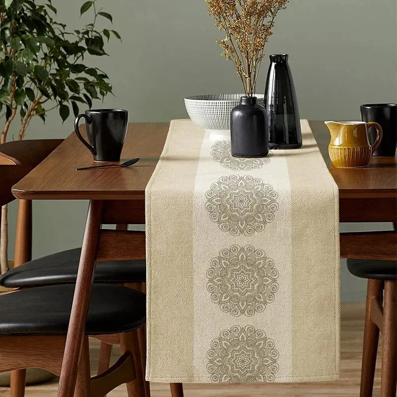 chemin table mandala floral lin rustique vintage 200cm longueur beige blanc cassé