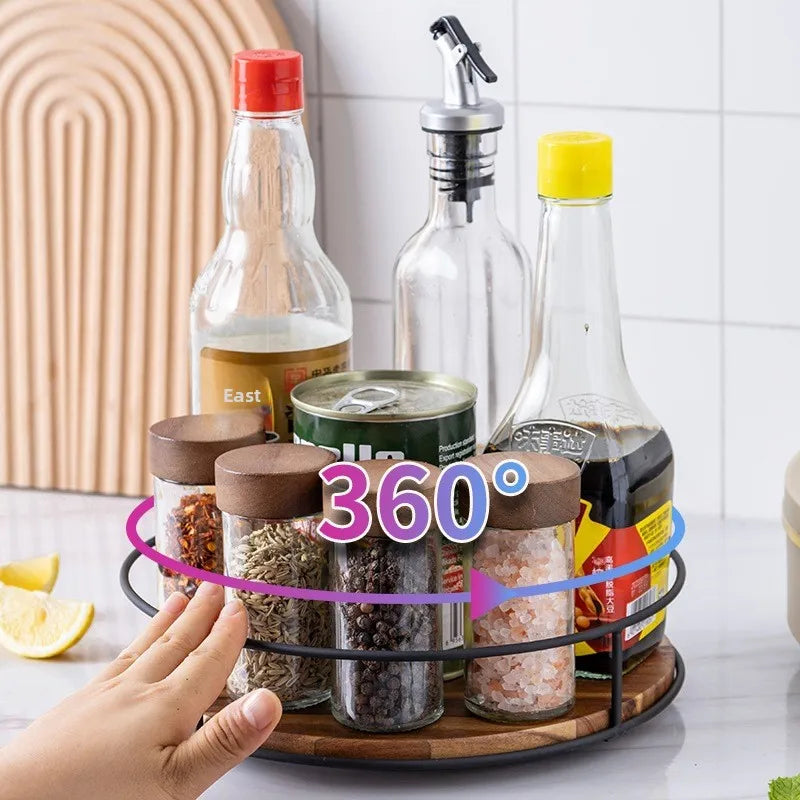 support rotatif bois noir conteneurs alimentaires rotation fluide cuisine moderne minimaliste