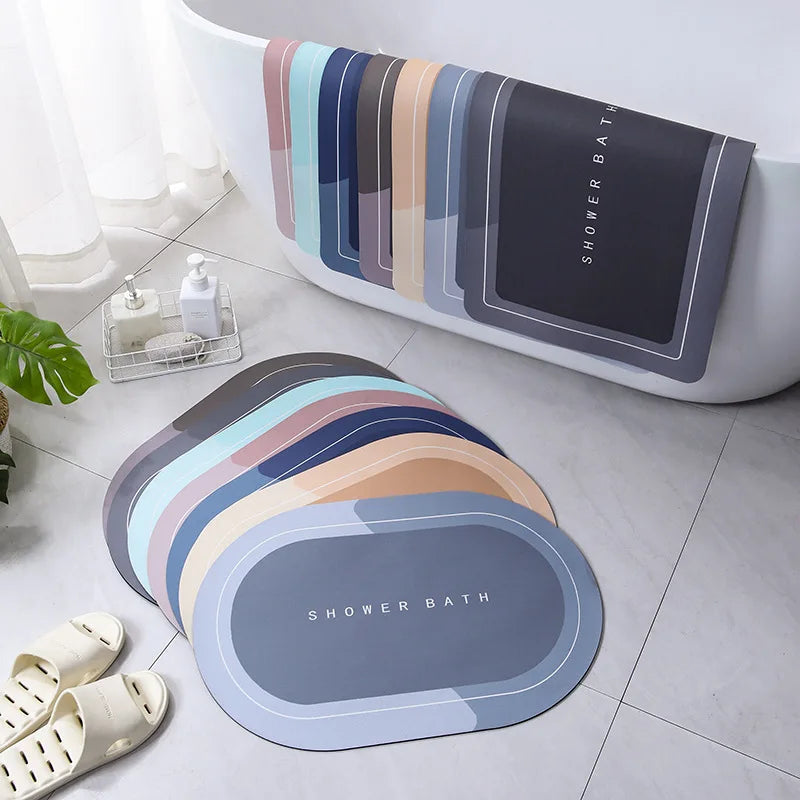 tapis bain moderne ovale motifs pas couleurs bleu marine gris clair rose violet texture