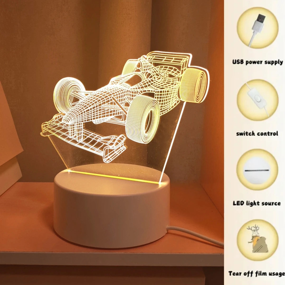 lampe led voiture course transparente moderne 3d câble usb base plateDecoration ambiance chambre enfants