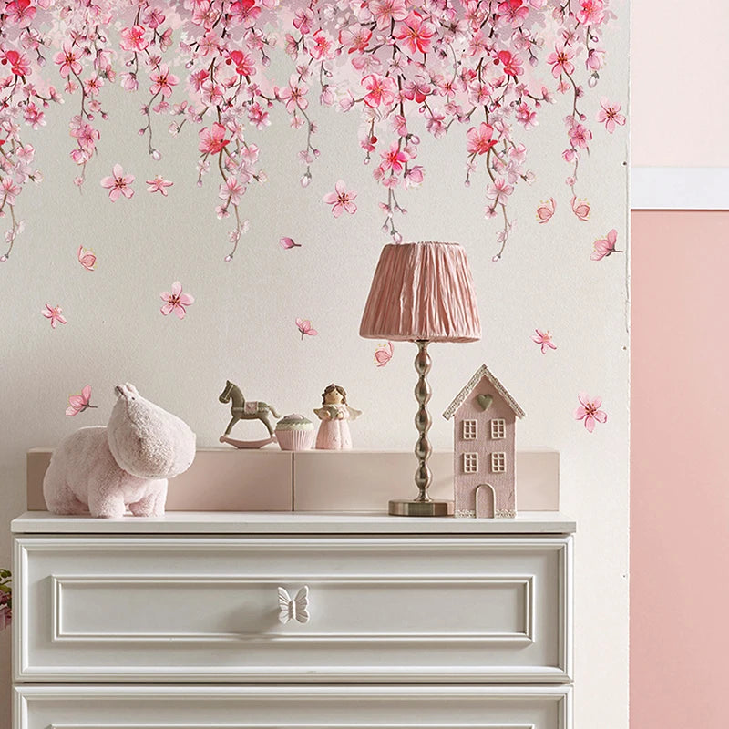 sticker mural rose fleurs cerisier adhésif décoration intérieure floral papillons chambre salon