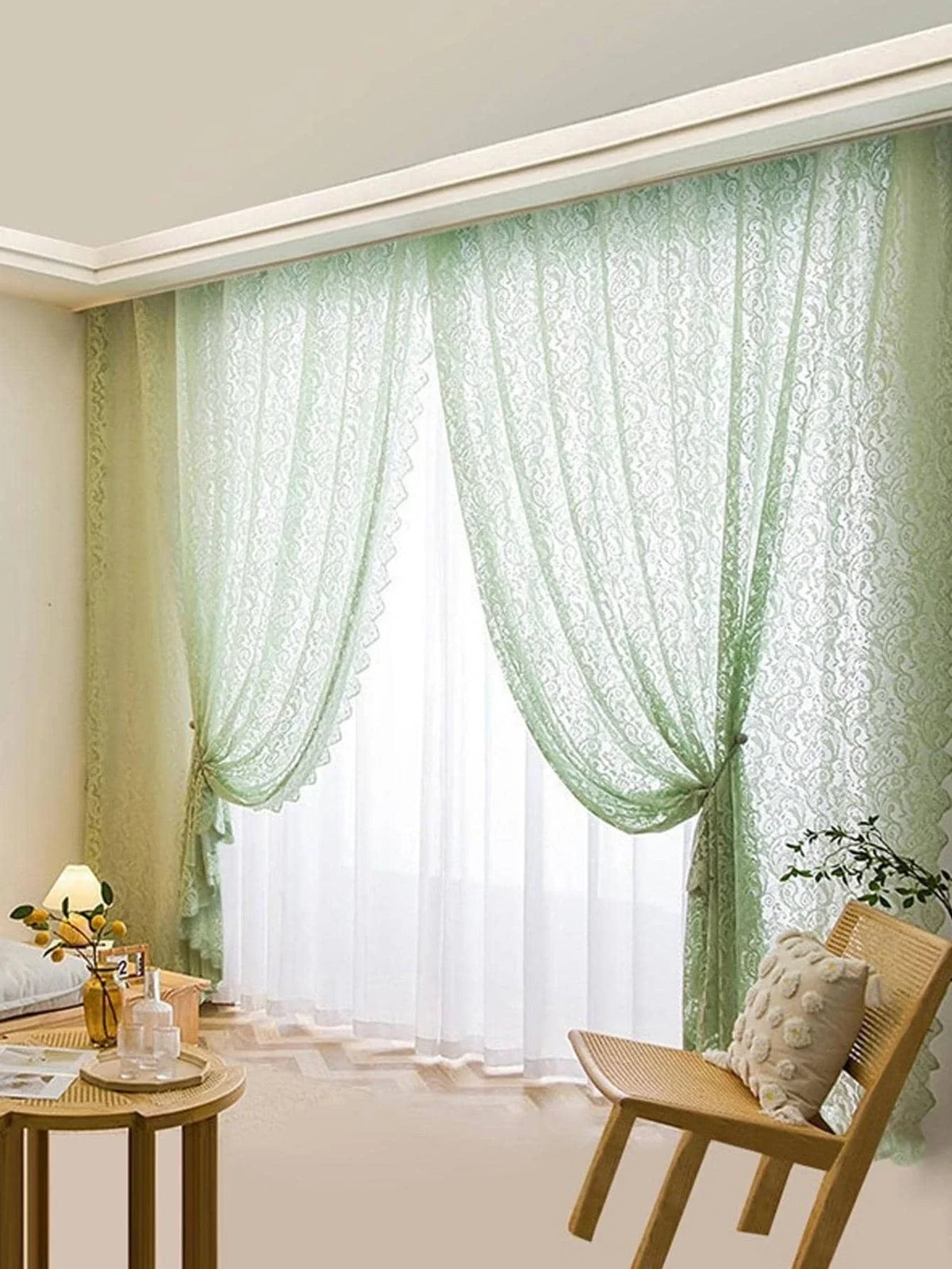 rideau vert pastel broderie florale semi transparent classique clips fenêtre 140cm 145cm 200cm 260cm