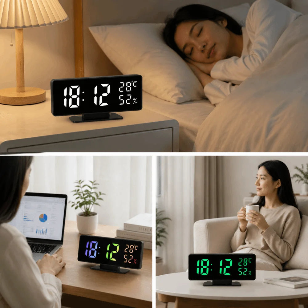 réveil numérique LED multifonction horloge minimaliste affichage température heure Snooze boutons réglables lumineux moderne