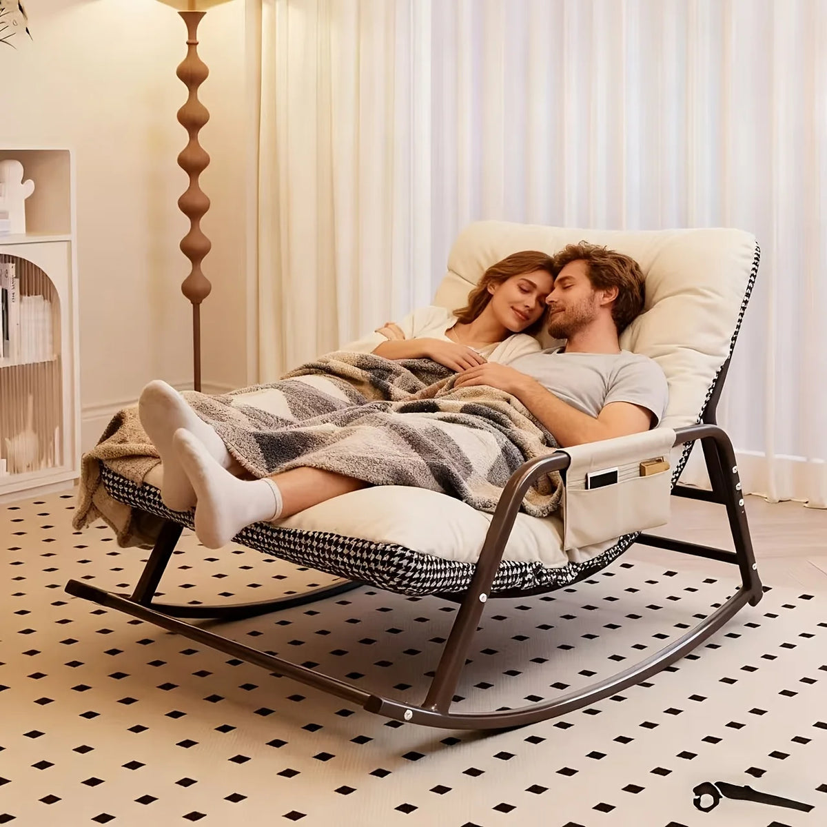 fauteuil bascule moderne deux places marron blanc gris orange coussins texturés chambre salon