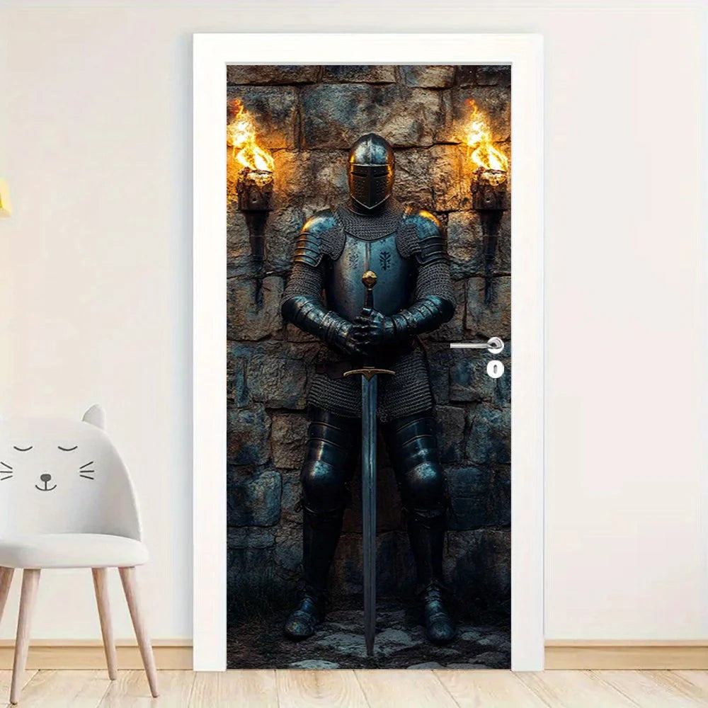 autocollant mural armure médiévale pierre flambeaux noir gris doré classique historique adhésif chambre décoration