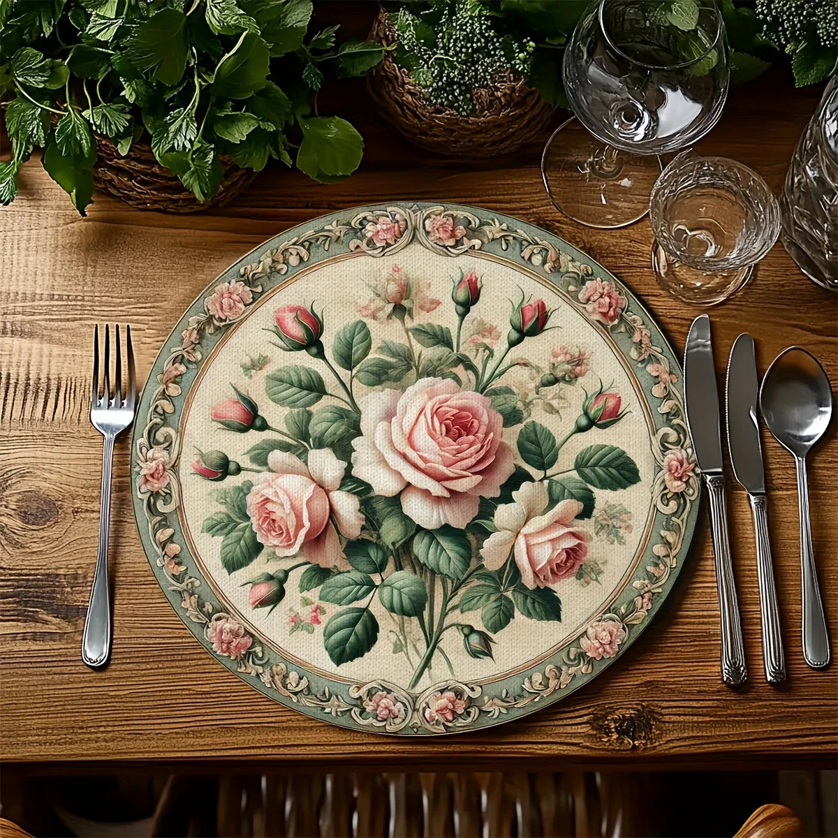 napperons floraux vintage lavables table rose vert feuilles motif classique pièces 38x38cm