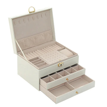 boîte bijoux simili cuir verte moderne poignées dorées tissu beige intérieur 23x17x13.5cm