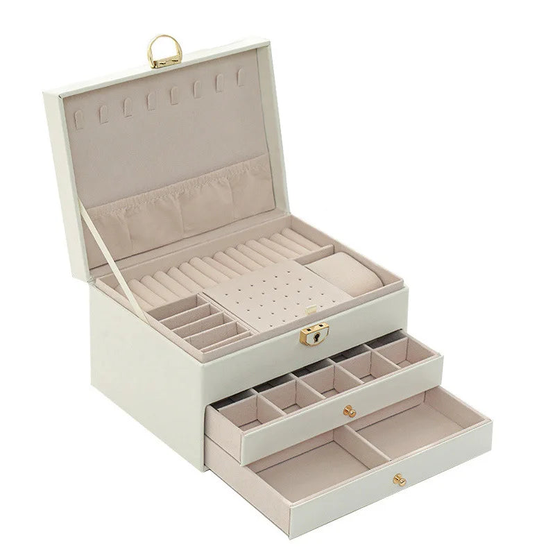 boîte bijoux simili cuir verte moderne poignées dorées tissu beige intérieur 23x17x13.5cm