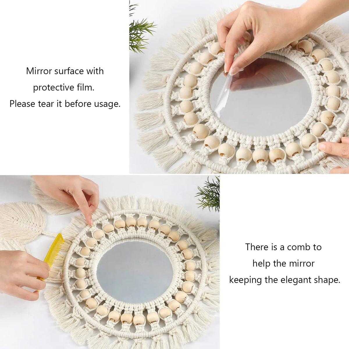 miroir boho blanc macramé franges deco mur salon chambre bébé artisanal