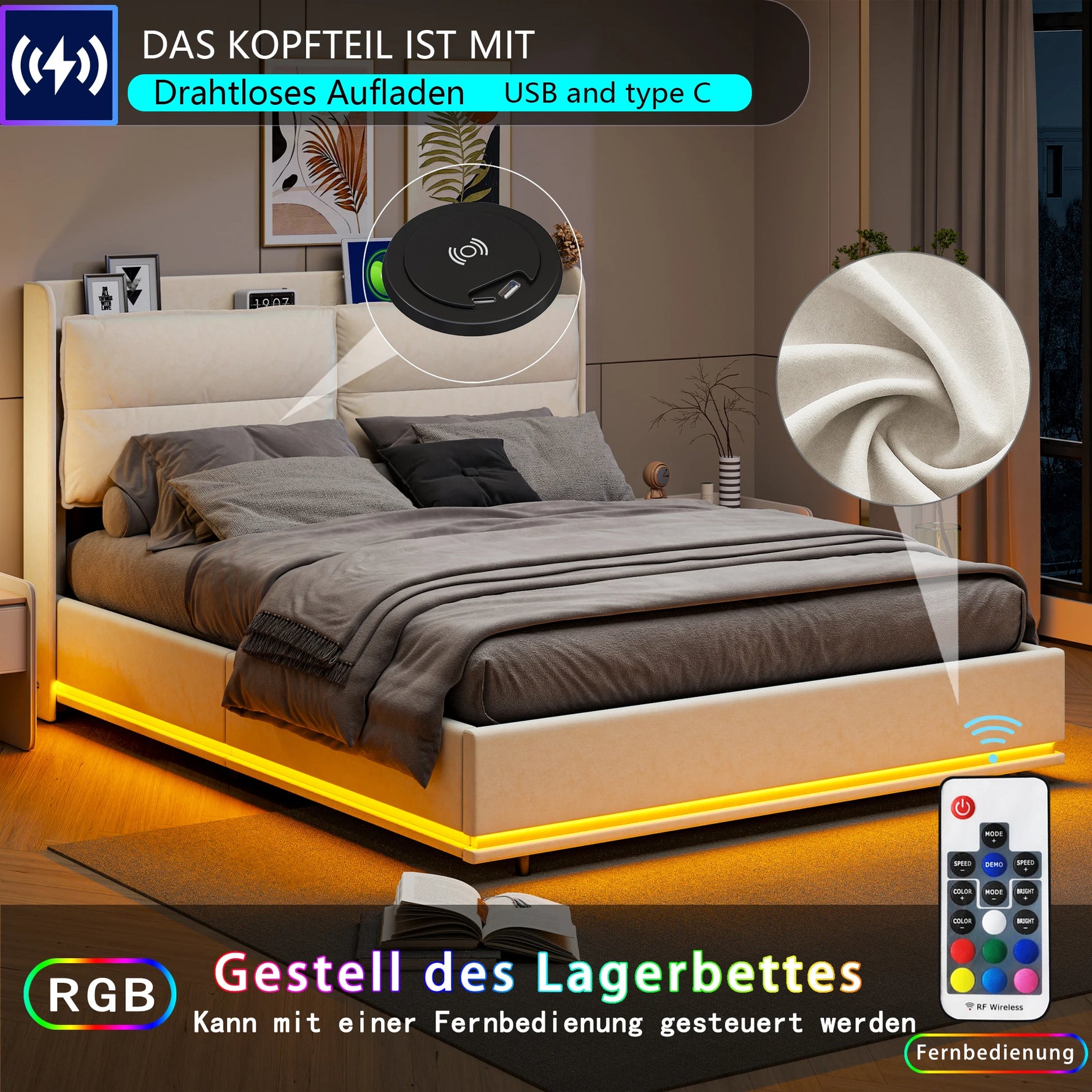 Lit coffre noir avec ambiance lumineuse LED pour soirée relaxante