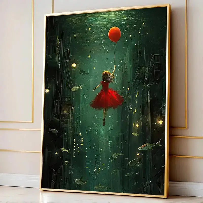 tableau moderne fille sous marine poissons lumières verte rouge noir décoration maison salon art