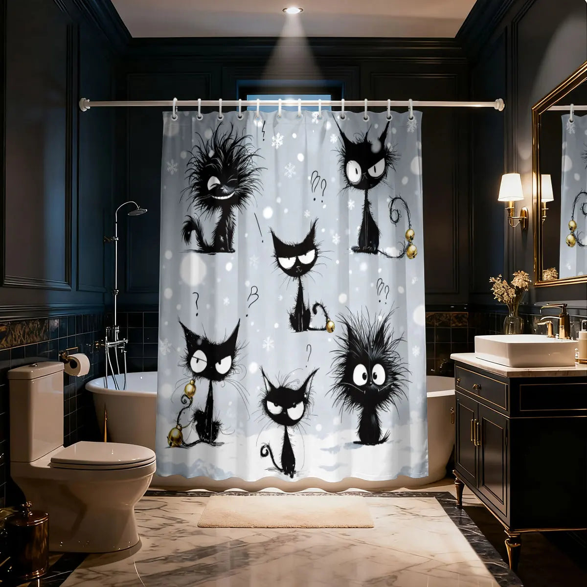 rideau douche imperméable chat dessin animé gris clair noir humoristique opacité classique anneaux rideau
