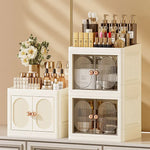 boîte rangement cosmétique tiroirs plastique moderne beige clair panneaux verticaux transparents organisation salon chambre