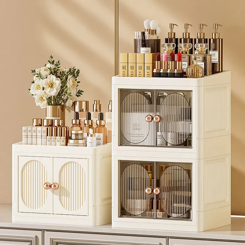 boîte rangement cosmétique tiroirs plastique moderne beige clair panneaux verticaux transparents organisation salon chambre