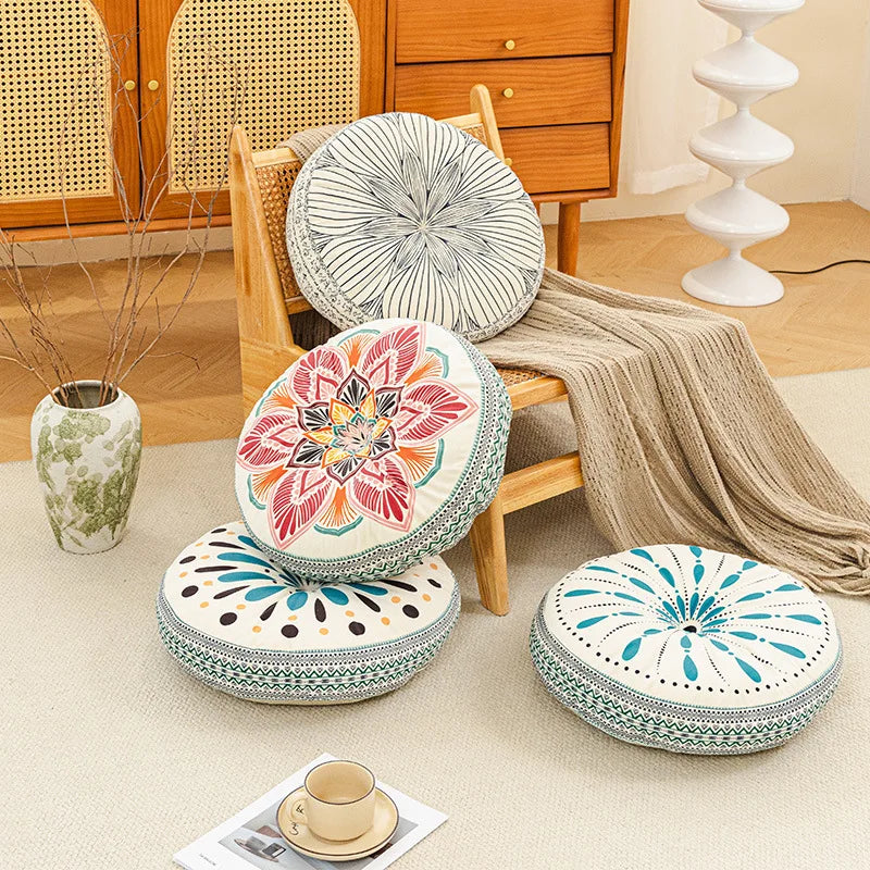 coussin rond boho chic motifs floraux géométriques antidérapant polyester blanc bleu