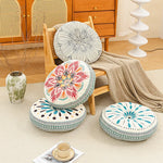 coussin rond boho chic motifs floraux géométriques antidérapant polyester blanc bleu