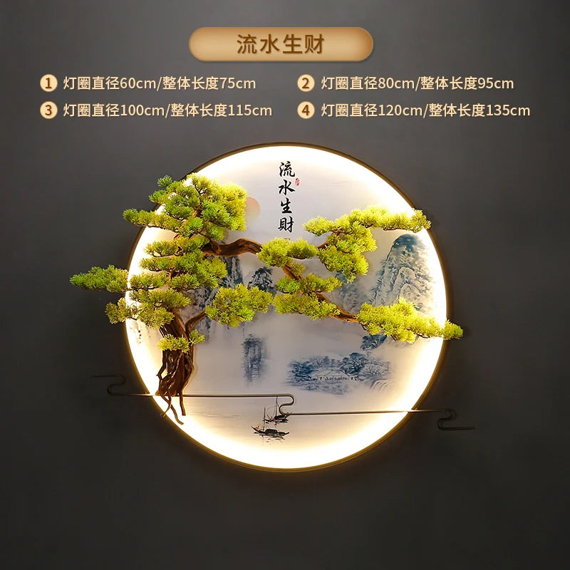 lampe murale décorative paysagère artisanale vert bleu beige doré montagnes arbres eau nuages