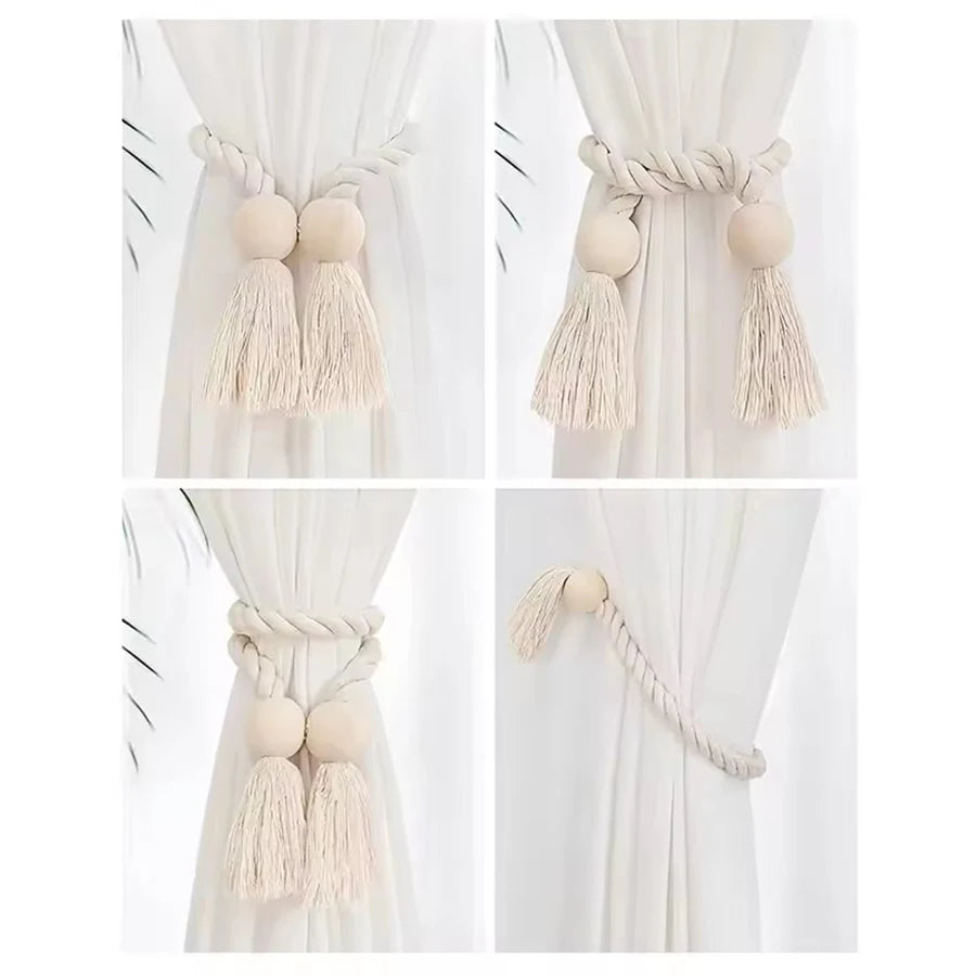 rideau boho chic ruban tissé chanvre beige clair pompon bois doux