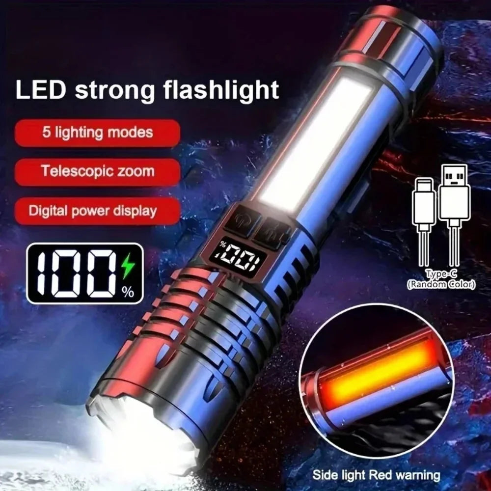 lampe torche led rechargeable waterproof portable réglable focus lumière affichage puissance signalisation rouge camping