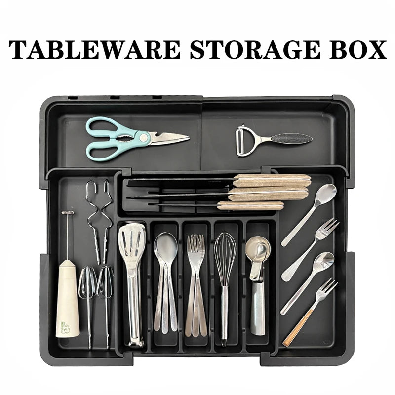 organisateur tiroir rangement cuisine moderne couverts vaisselle ustensiles extensible noir argenté