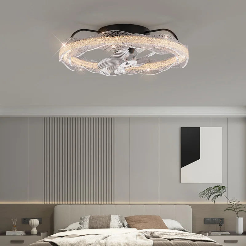 ventilateur moderne blanc noir transparent motifs décoratifs fixations crochets led télécommande