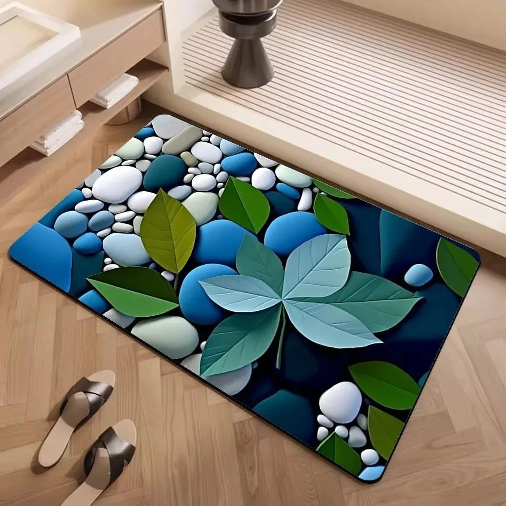 tapis moderne feuilles pierres bleu vert blanc antidérapant intérieur décoration maison