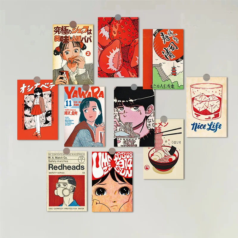 cartes postales pop art personnages japonais textes illustrations nourriture clips bois rouge blanc noir
