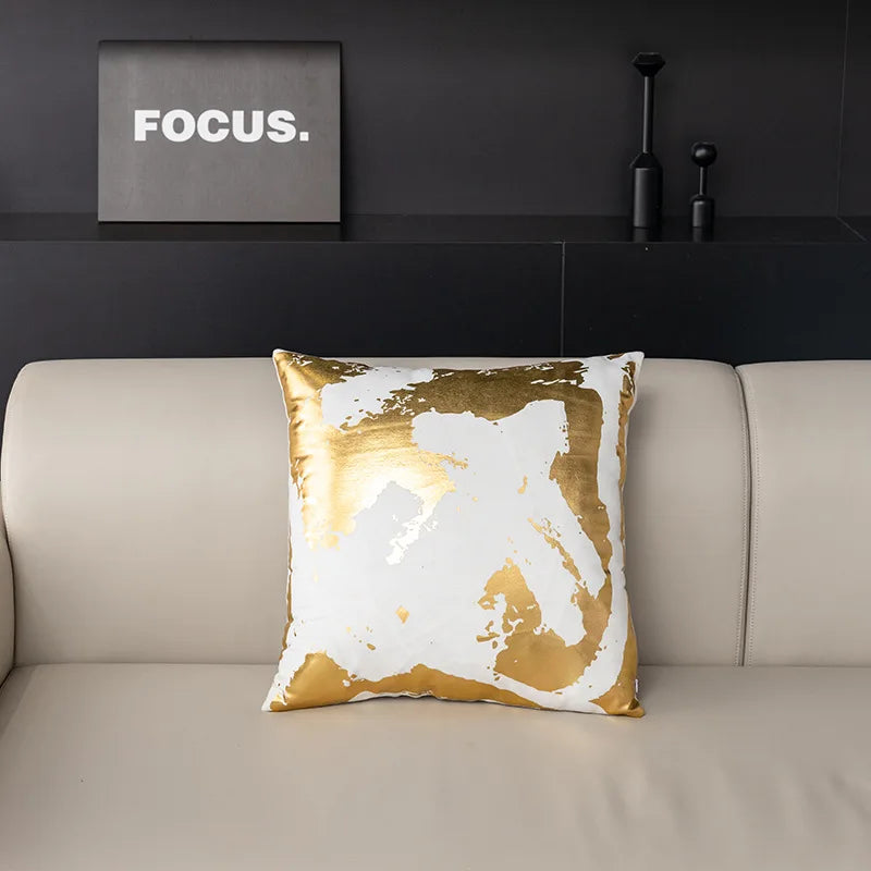 coussins décoratifs contemporains blanc doré motif abstrait non toxique respectueux environnement polyester opacité fixés