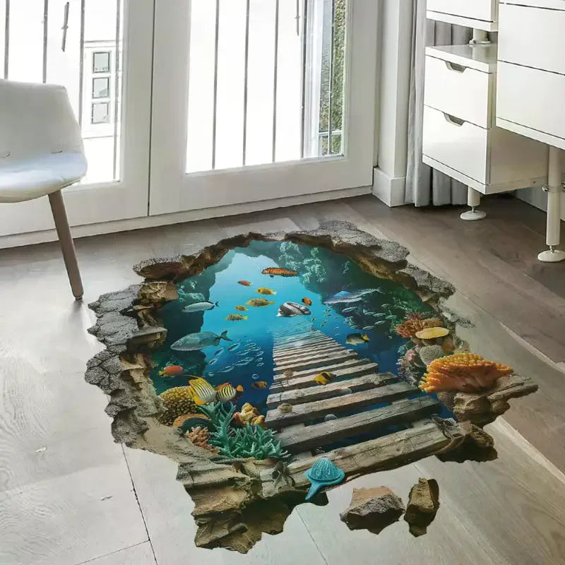 autocollants murals 3d sous marin pont coraux poissons décoration mur opaque réaliste enfants chambre