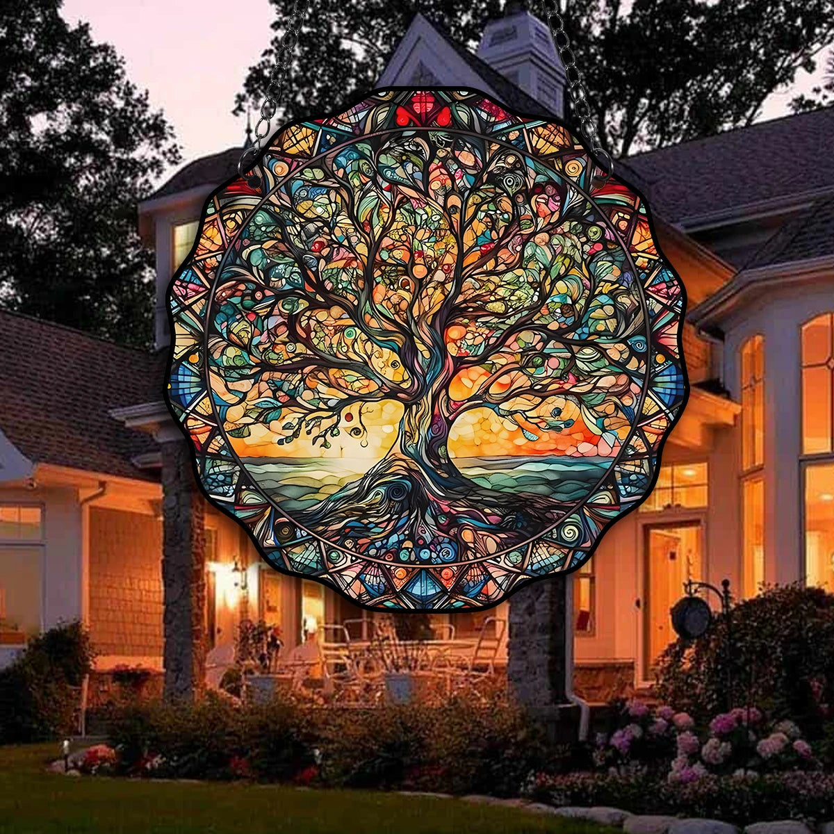plaque décorative arbre multicolore feuilles paysage artiste chaîne métallique suspendue intérieure extérieure bienvenue