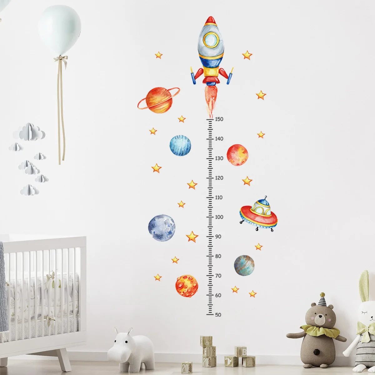 sticker mural spatial fusée planètes étoiles illustration enfant chambre croissance adhésif multicolore opacité