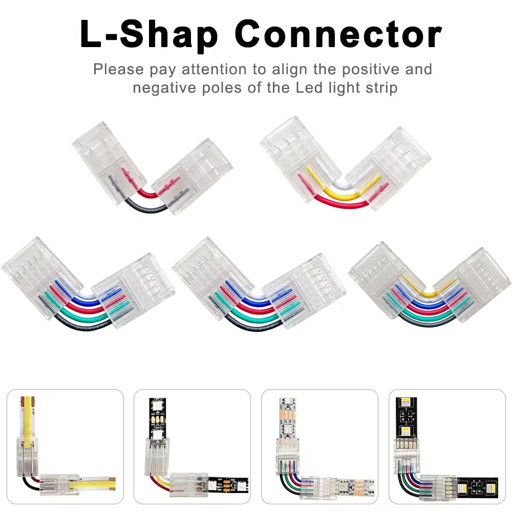 connecteur led angle bande lumineuse 5050 rgb cct broches 8mm 10mm transparent