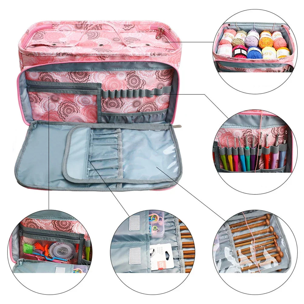 Sac couture rose imprimé floral poignées aiguilles crochets outils rangement 40cm 21cm 22cm