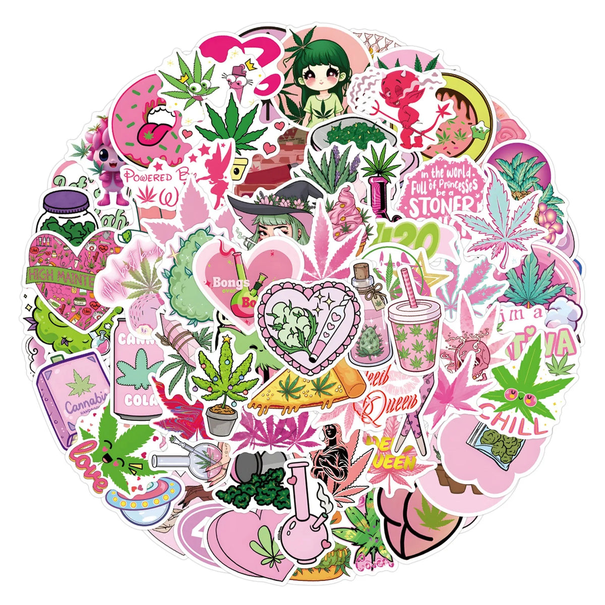stickers cannabis personnages dessins animés spongebob fleurs cœurs kawaii graphiques