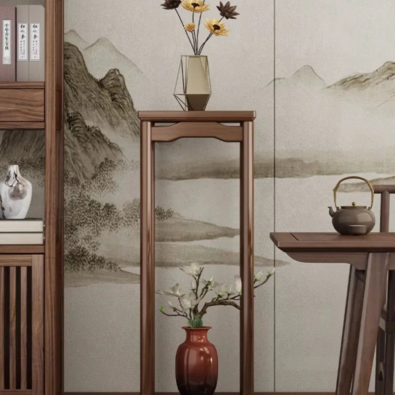 meuble d'appui bois massif moderne vase céramique fleurs artificielles tiroir marron foncé finition brillante