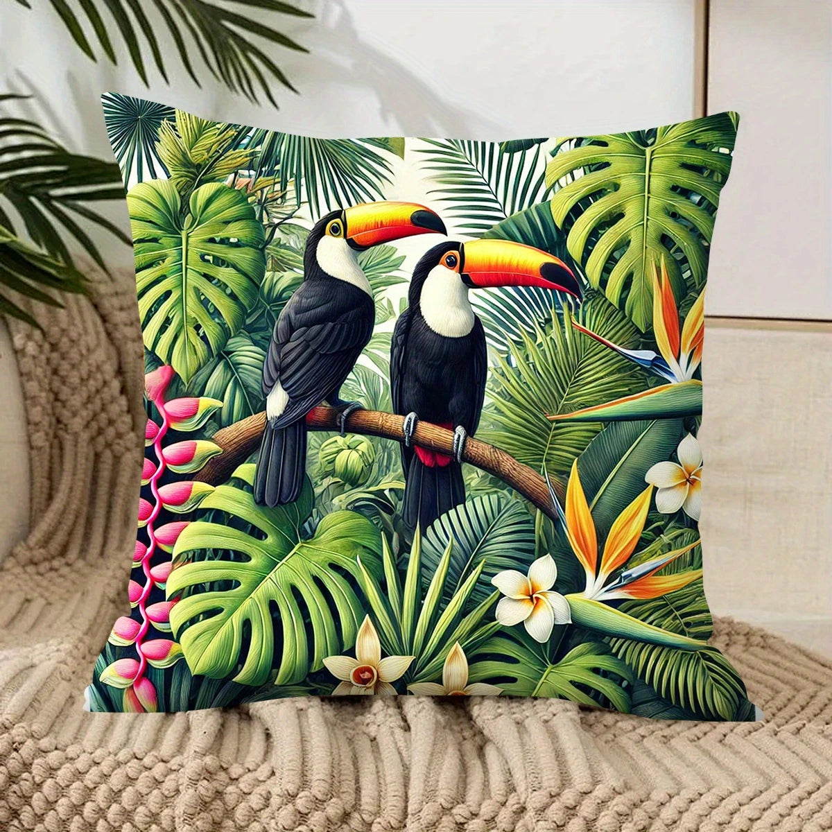 housse coussin motif toucan jungle feuilles exotiques fleurs moderne noir blanc vert jaune rose