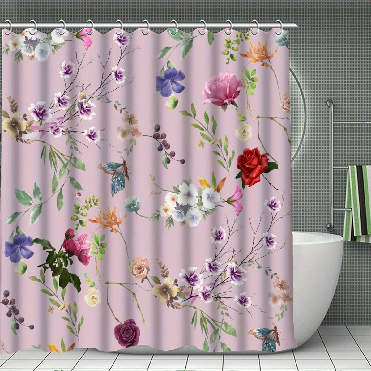 rideau douche fleuri papillon polyester respectueux environnement classique romantique anneaux métalliques